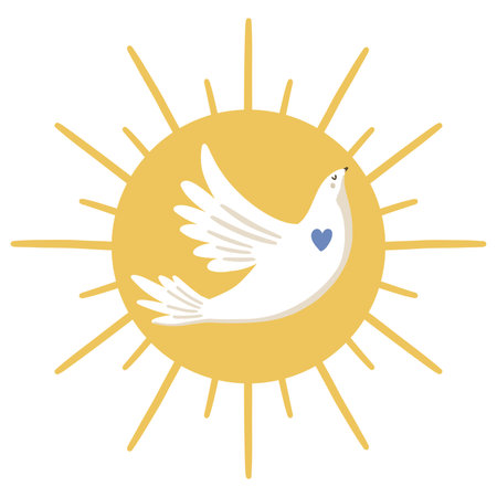 An illustration of a dove is flying against the backdrop of the sun. Symbolizes world peace, stopping the war, truce, hope. Isolated objects on a white background. Simple style.のイラスト素材