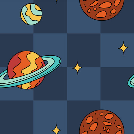 Illustration of a seamless pattern in the style of the seventies. Space pattern with planets and stars. Checkered background.のイラスト素材