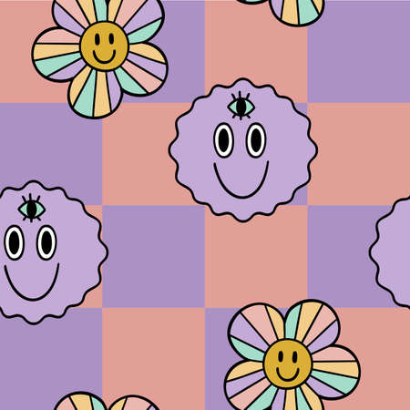 Illustration of a seamless pattern in the style of the seventies. Groovy and trippy elements. Trembling emoticons with a third eye among the flowers.のイラスト素材