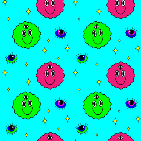 Illustration of a seamless pattern in the style of the seventies. Groovy and trippy elements. Trembling emoticons with a third eye among the stars.のイラスト素材