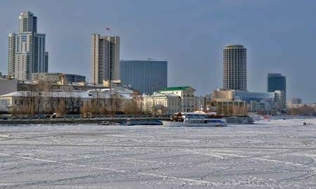 Yekaterinburg, Russia 23.02.2012. A city in Russia located east of the Ural Mountains. On the bank of the Iset River, there is a monument to the founders of the city.のeditorial素材