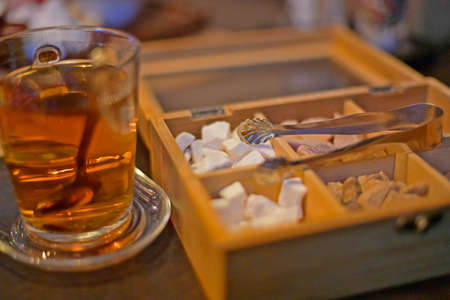 Tea set, different types of sugar, restaurant serving.の写真素材