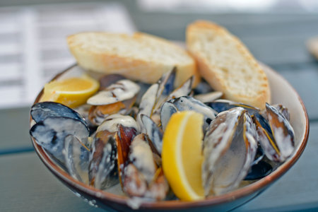 Mussels in a creamy sauce, restaurant serving.の写真素材