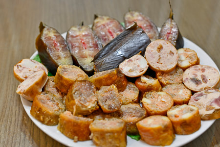 Smoked catfish and smoked fish sausages.の写真素材