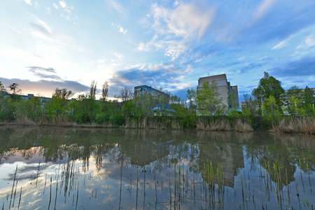 Spring landscapes along the banks of the Samara river, Novomoskovsk, Ukraine.の写真素材