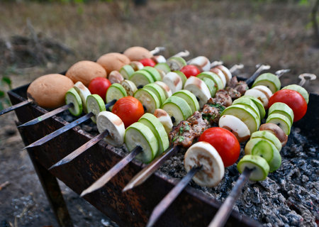 Vegetarian vegetable shashlik. Vegetarians are people who do not eat foods that contain or are prepared using animal body parts.の写真素材