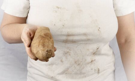 Woman holding a dirty potato she just picked out of the field