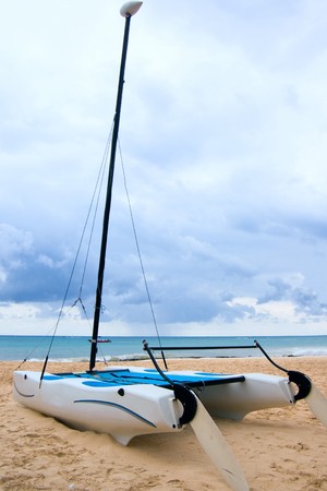 Catamaran boat in Playa del Carmen beachの写真素材