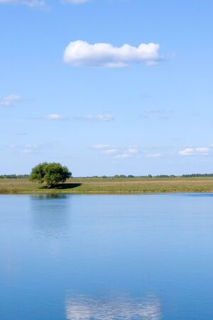 Beautiful river and fields, summer landscapeの写真素材