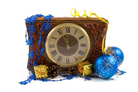 Decoration with a clock and christmas balls 
