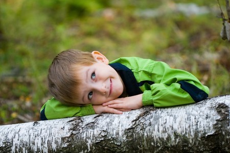Happy boy about birch trees, summer in the woodsの写真素材