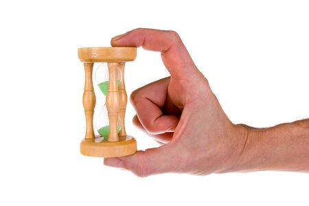 Man with hourglass in hand isolated on white 