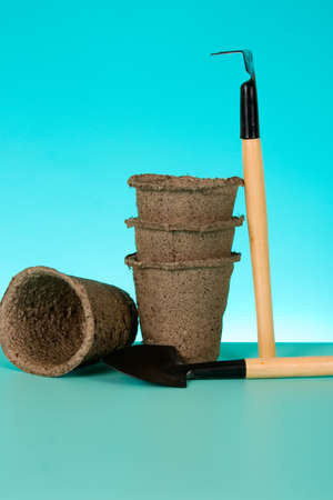 Peat pots on a green backgroundの写真素材