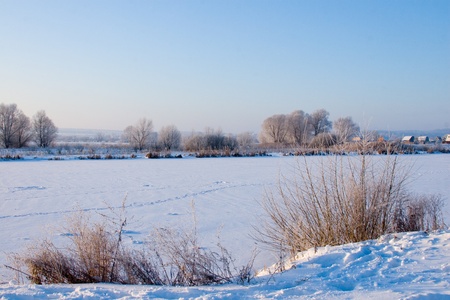 Beautiful winter landscape. Frozen pond in the winter morning.の写真素材