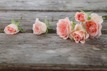 Bouquet of pink roses on a wooden backgroundの写真素材