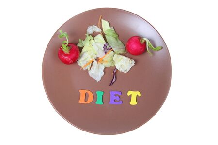 Word diet, lettuce and radishes on a plate isolated on a white background.の写真素材