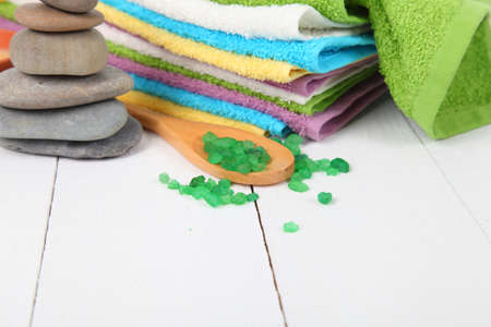 Spa still life with stones, sea salt and towelsの写真素材