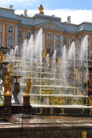 ST PETERSBURG, RUSSIA - AUGUST 2, 2015: Grand cascade at Pertergof Palace. The Petergof palace included in the UNESCO's World Heritage List.のeditorial素材