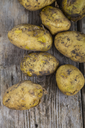Raw potatoes with leaves on a wooden tableの写真素材