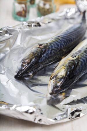 Raw mackerel in foil close up. Preparation of fresh fish.の写真素材