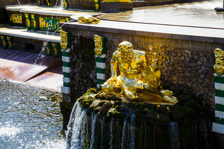ST PETERSBURG, RUSSIA - AUGUST 2, 2015: Grand cascade at Pertergof Palace. The Petergof palace included in the UNESCO's World Heritage List.のeditorial素材