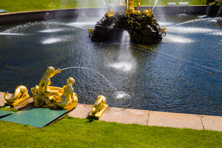 ST PETERSBURG, RUSSIA - AUGUST 2, 2015: Grand cascade at Pertergof Palace. The Petergof palace included in the UNESCO's World Heritage List.のeditorial素材