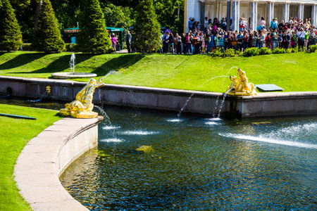 ST PETERSBURG, RUSSIA - AUGUST 2, 2015: Grand cascade at Pertergof Palace. The Petergof palace included in the UNESCO's World Heritage List.のeditorial素材