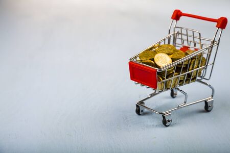 Shopping trolley with coins on a blue wooden backgroundの写真素材