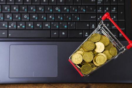 Shopping trolley with coins on a laptop on a  wooden table, top view.の写真素材
