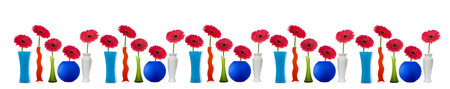 Border of pink gerberas in multi-colored vases isolated on white background. Background for your design.の写真素材