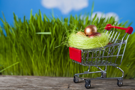 Shopping cart with Easter eggs on a background of green grass.  Easter greeting card.Easter sale.の写真素材