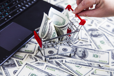 Shopping trolley with dollars and a female hand near a laptop. Sale.の写真素材