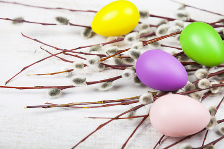 Easter still life with Easter eggs and willow.  Easter greeting card.