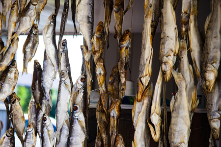 Dried fish is sold on the market. Street trade in the south.の写真素材