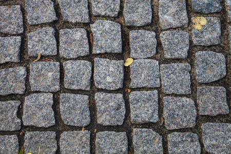 Gray stone road close up. Fragment of a walkway in the park.の写真素材