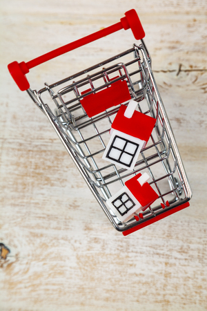 Shopping cart and houses. Concept: buying, selling and renting real estate.の写真素材