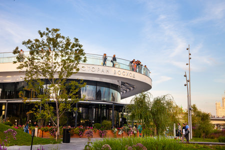 Moscow, Russia - August 14, 2019: Zaryadye Park in the center of Moscow.  View of the restaurant and...