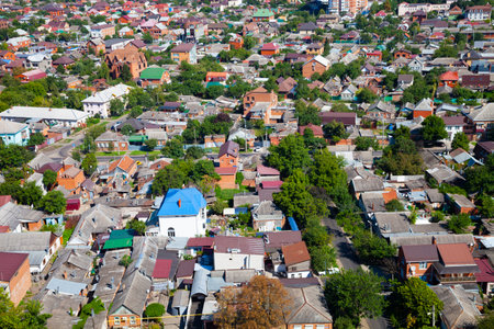 Aerial view of the city. Summer day. Residences and skyscrapers. Krasnodar. Russia.