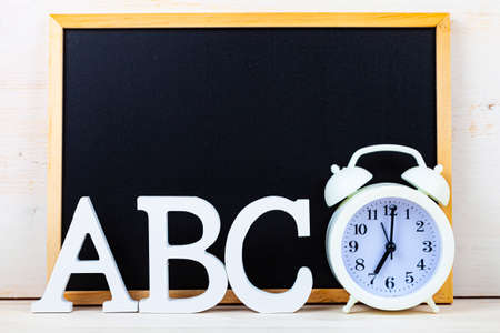 Letters ABC and chalk board. Back to school. Stationery.の写真素材