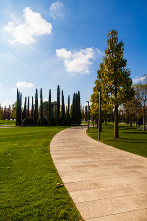 City Park "Krasnodar" or Galitsky Park. Beautiful alleys in a picturesque park around the football stadium "Krasnodar". Landscaping. Krasnodar, Russia - November 11, 2020のeditorial素材