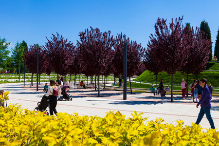 City Park "Krasnodar" or Galitsky Park. People walk in a picturesque park around the football stadium "Krasnodar". Landscaping. Krasnodar, Russia - May 5, 2021のeditorial素材