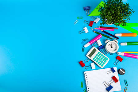Stationery for school or office and a flower in a pot on a blue background, top view.の写真素材