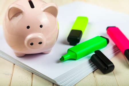 Pig piggy bank and markers on paper. Savings planning.の写真素材