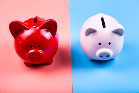 Two piggy bank on a pink and blue backgroundの写真素材