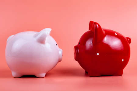 Piggy banks look at each other on a pink background. Money accumulation concept.の写真素材