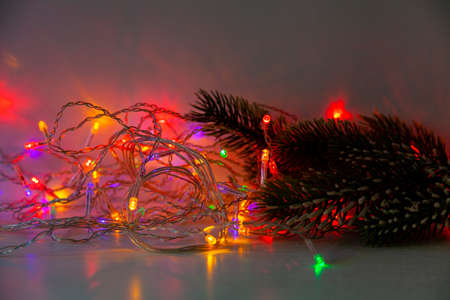 Bright multi-colored New Year's lights on a dark background. Christmas background.の写真素材