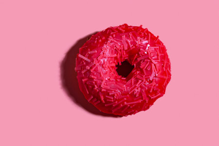 Red donut on a pink background, top view.の写真素材