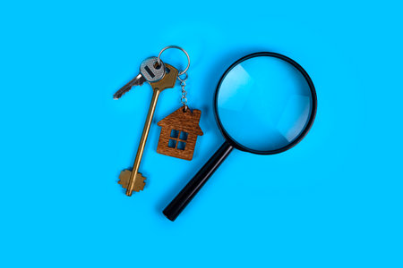 Keys with a keychain in the form of a house and magnifying glass. Rent apartments, Real Estate and buying a house idea. blue backgroundの写真素材