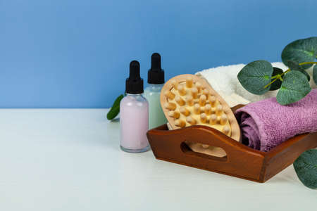 Natural organic SPA beauty products. Glass bottles with green leaves on dark blue background.の写真素材
