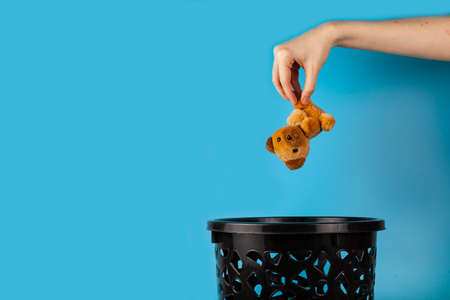 Teddy bear are thrown into the trash can. For copy space for designers on a blue backgroundの写真素材